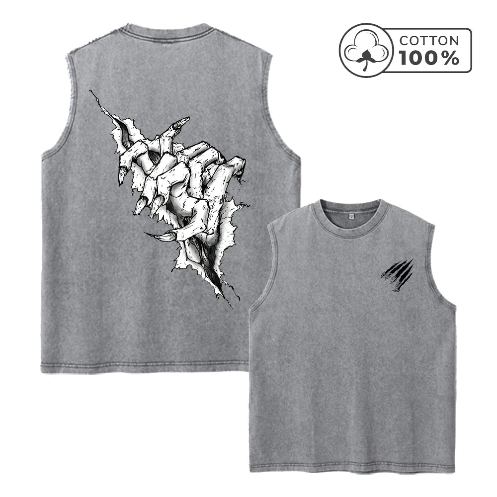 Men's Unique Claw Print Washed Vest Loose Casual Pure Cotton Fitness Commuter Retro Sleeveless Vest Summer Running Top