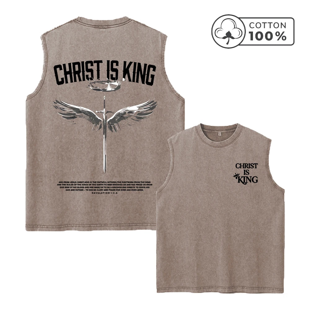 Men's Heavyweight Pure Cotton Washed Sleeveless Vest Trendy Crown And Sword Print Top Retro Distressed 2026 Street Style Vest