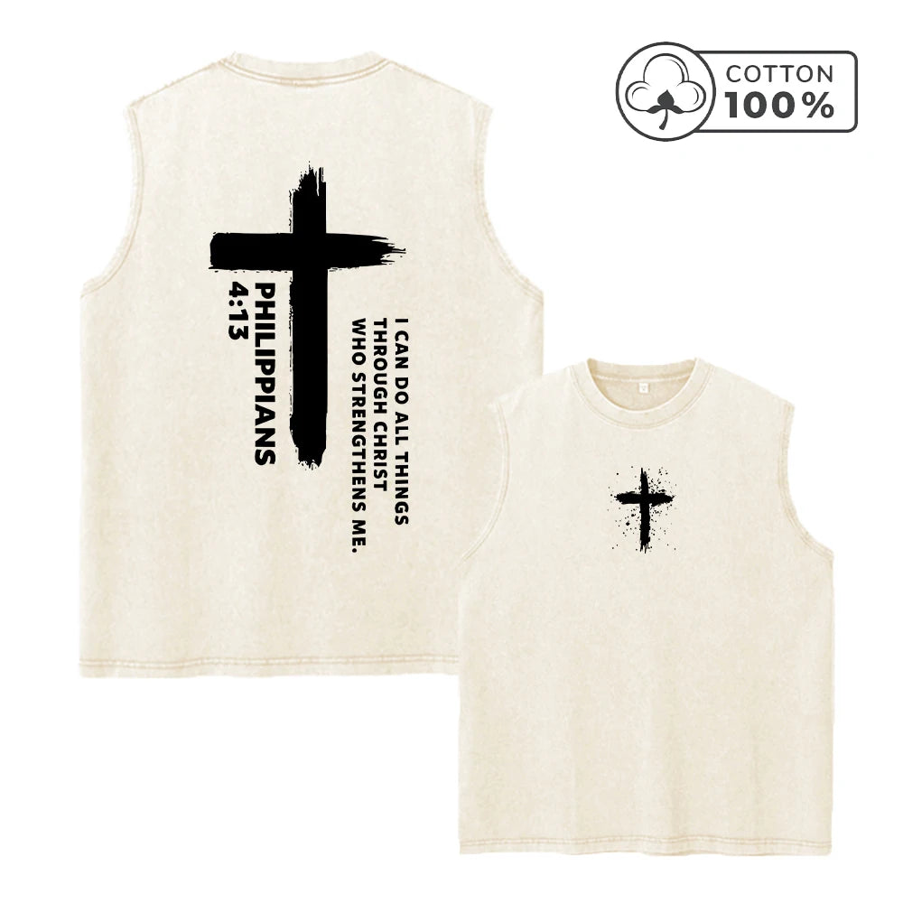 Men's Fashion Cross Print Retro Pure Cotton Washed Vest Summer Casual Sleeveless T-Shirt Daily Commute Outdoor Fitness Top