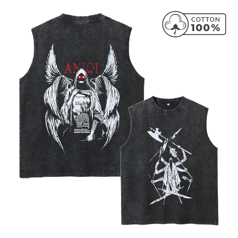 Men's Creative Eight Armed Death Print Washed Vest Loose Casual Pure Cotton Commuter Retro Sleeveless Vest Summer Running Top