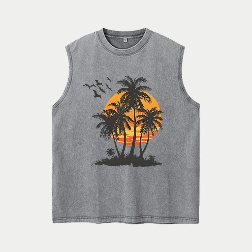 Men's Coconut Tree Print Washable Vest Summer Loose Casual Pure Cotton Short Sleeve Retro Street Style Machine Washable