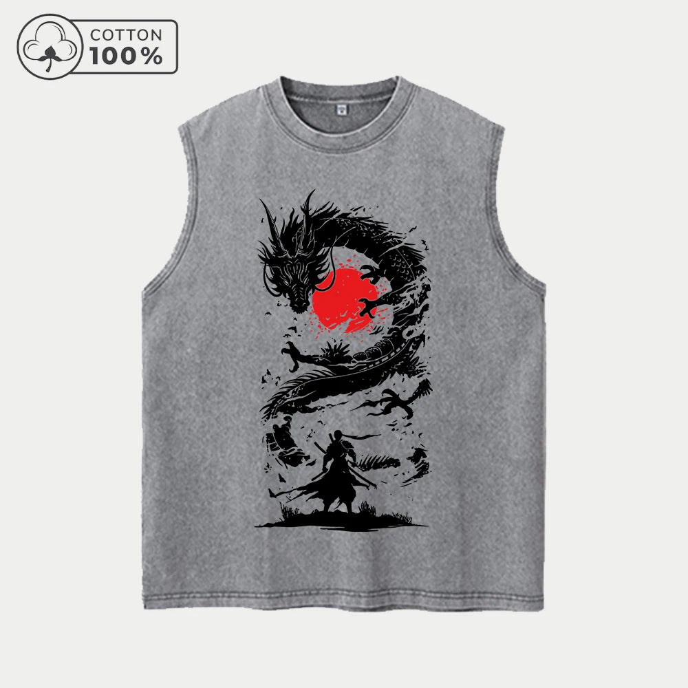 Men's Fashion Washed Vest With Chinese Dragon Print Pure Cotton Sleeveless Fitness T Shirt Loose Fit Casual Commuter Sports Top