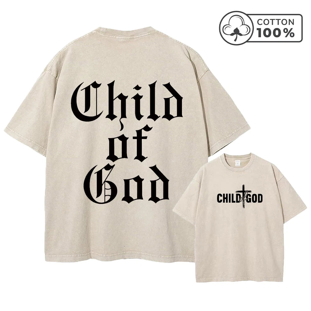 Men's Child Of God Print Distressed Washed T-Shirt Loose Fit Casual Pure Cotton Crew Neck Short Sleeve Everyday Commute Top