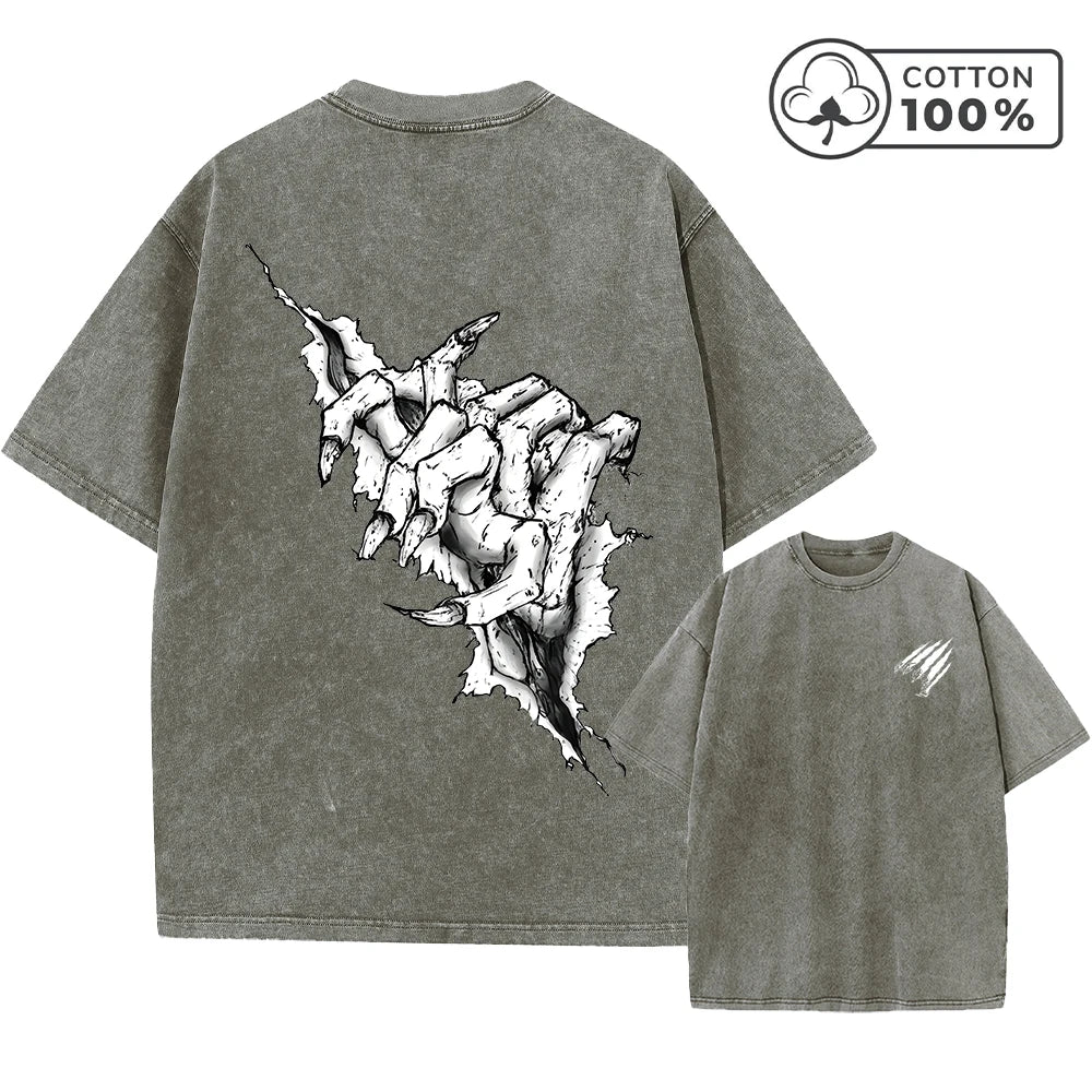 Men's Distressed Washed T-Shirt With Ripped Claw Print Vintage Pure Cotton Short Sleeve Comfortable And Breathable Training Top