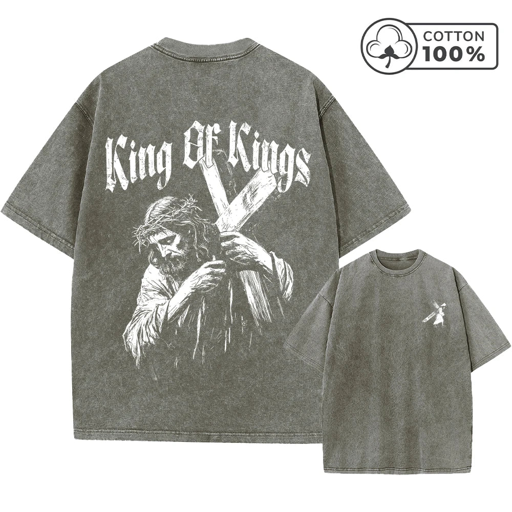 Men's Trendy Jesus Cross Print Distressed Washed T-Shirt Loose Casual Pure Cotton Crew Neck Short Sleeve Daily Commute Top