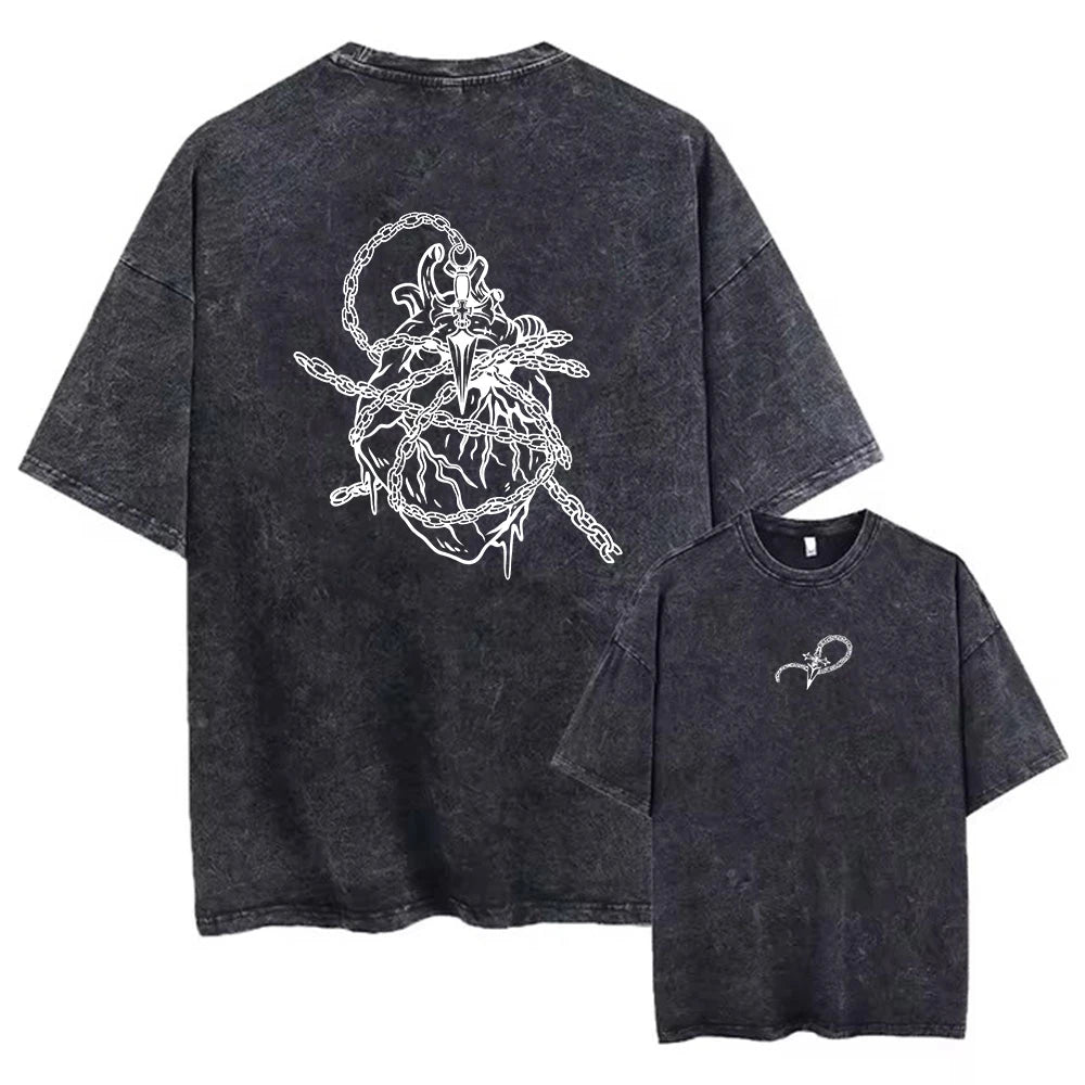 Summer Casual Printed Washed T-Shirt Loose Fitting Crew Neck Top Suitable For Everyday Commute And Lounging At Home Unisex Style