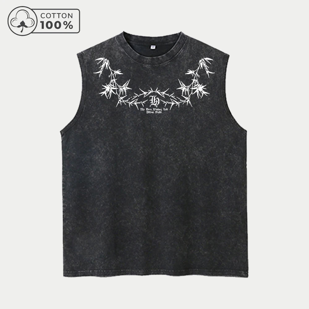 Men's Distressed Washed Vest Pure Cotton Breathable Sleeveless T-Shirt BACK ON MY Star Print Trendy Fashion Casual Fitness Top