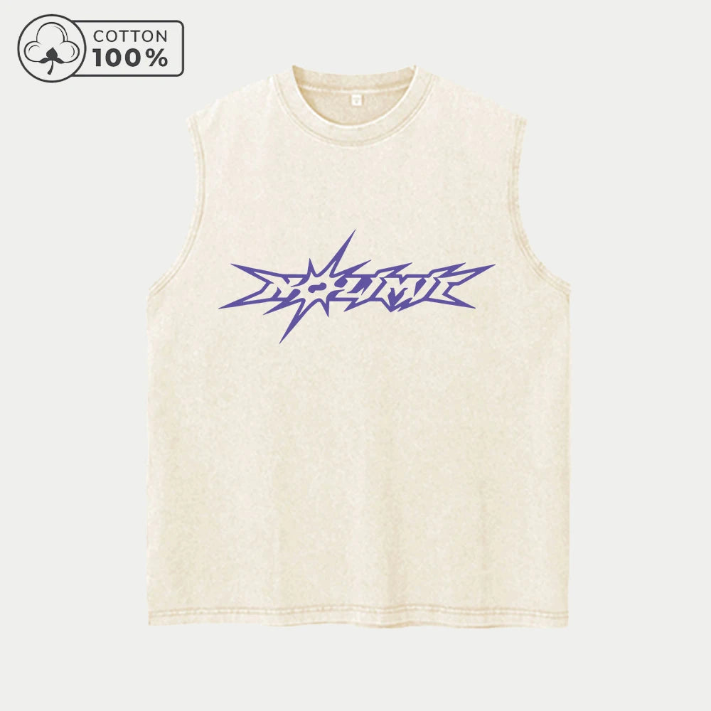 Men's Distressed Washed Vest With Creative Explosion Shape Text Print  Pure Cotton Casual Sleeveless T-Shirt Street Style Top