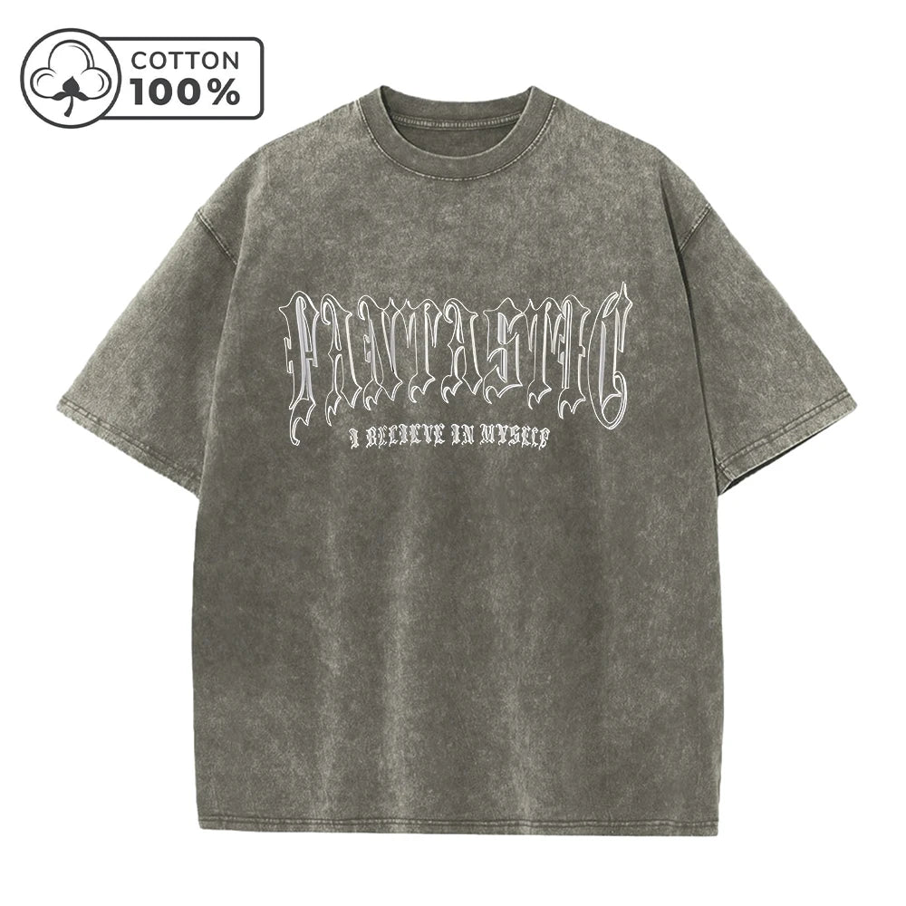 Men's Hollowed Out Letter Print Retro Washed T-Shirt Street Fashion Summer Trend Pure Cotton Short Sleeved Fitness Training Top