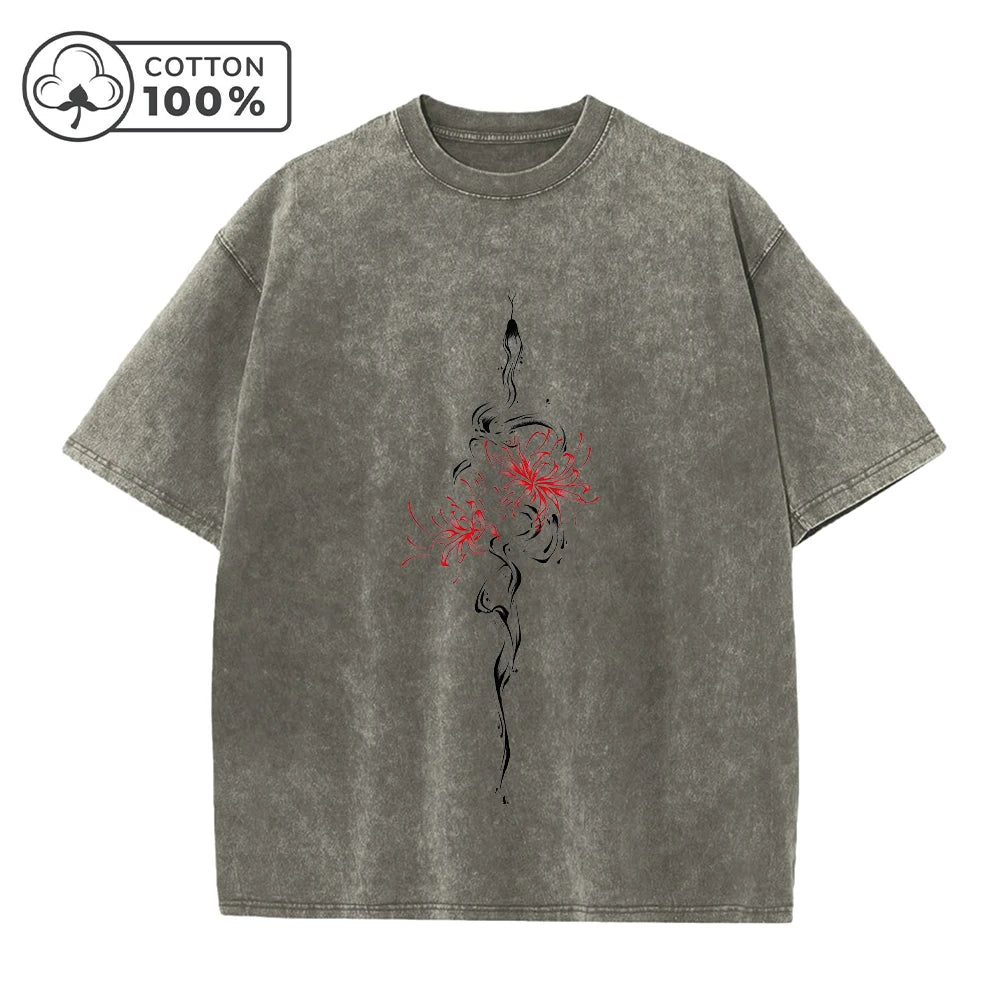 Men's Retro Casual Washed T-Shirt Summer Fashion Snake And Flower Print Pure Cotton Crew Neck Short Sleeve Street Commuter Top