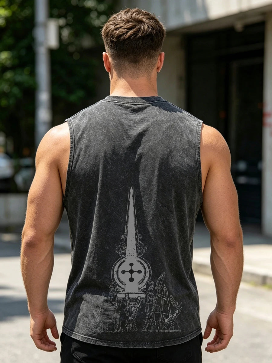 Men's Architectural Print Distressed Washed Vest Pure Cotton Breathable T-Shirt Summer Fitness Running Casual Sleeveless Vest