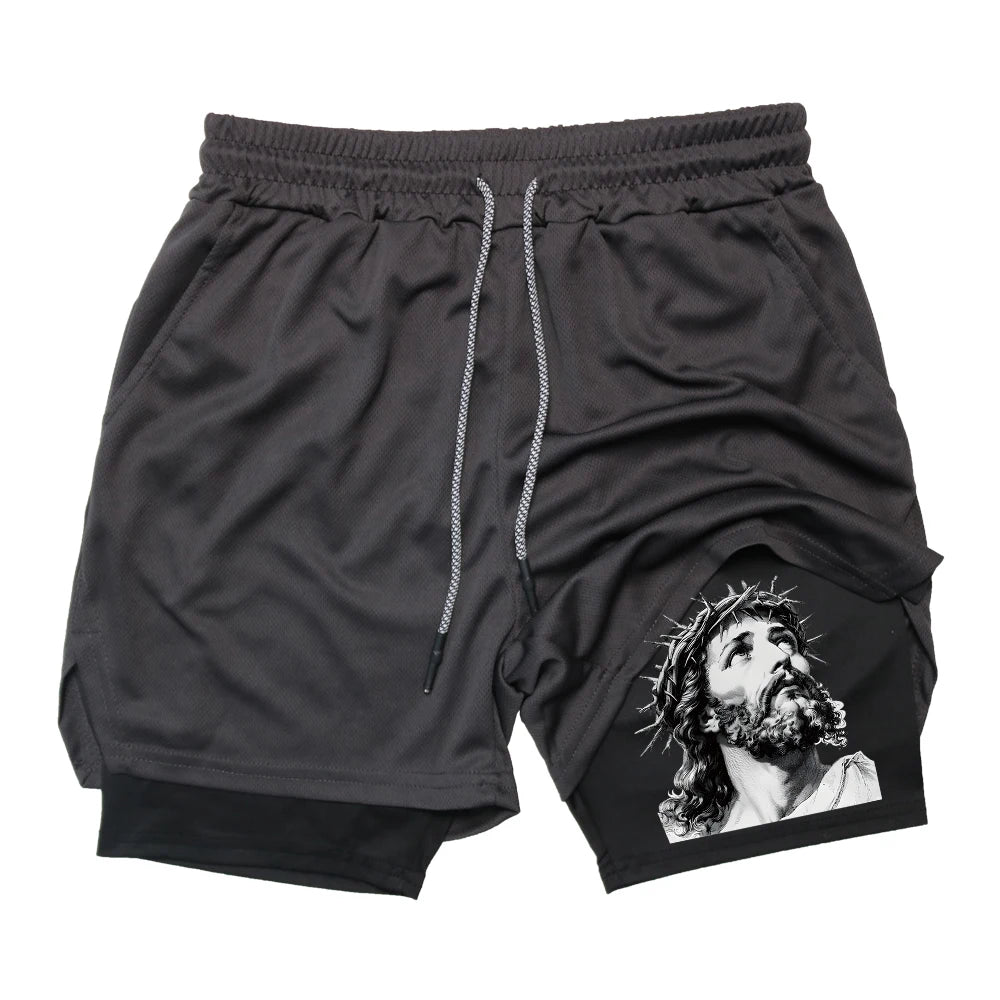 Men's Quick-Drying Athletic Shorts With Jesus Head Print Multiple Pockets Suitable For Fitness Training And Everyday Wear