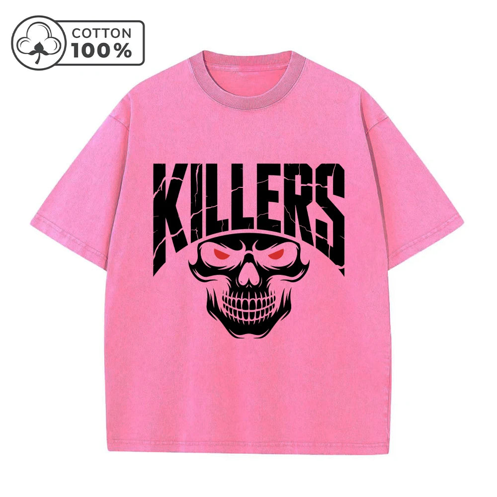 Men's Fashion Street Retro Washed T-Shirt With Red Eye Skull Print Summer Casual Pure Cotton Breathable Short Sleeve Top