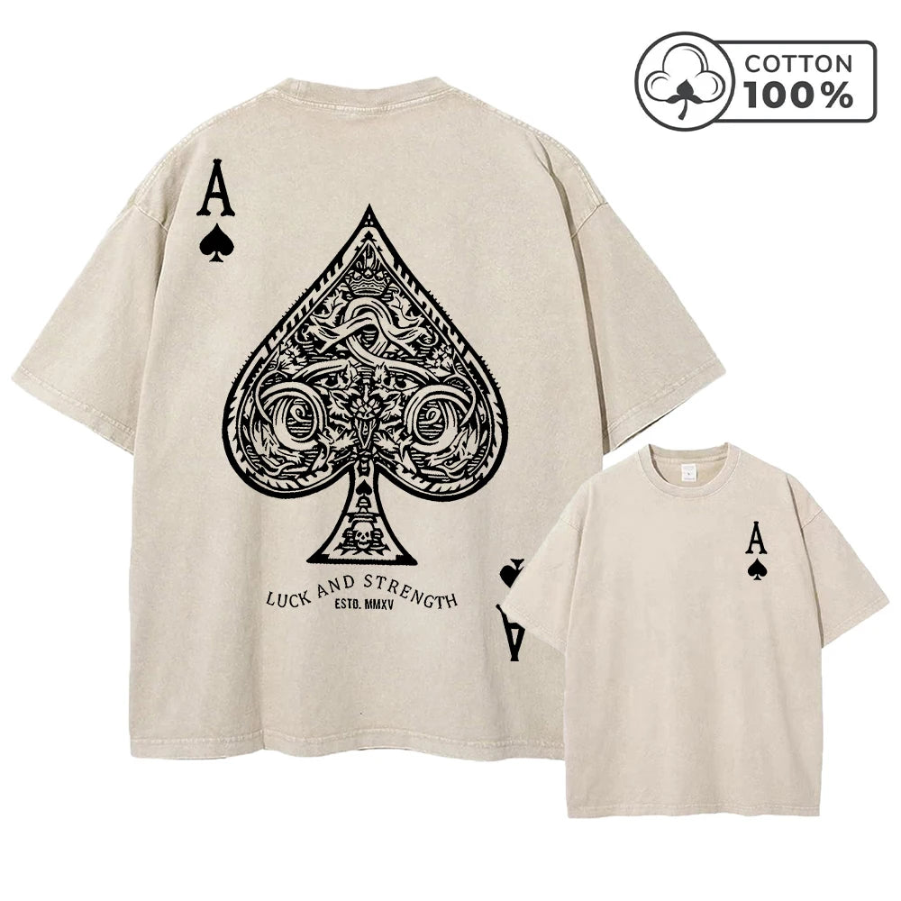 Men's Gothic Style Ace Of Spades Print Washed T-Shirt Summer Distressed Loose Fit Casual Fashion Short Sleeve Gym Commuter Top