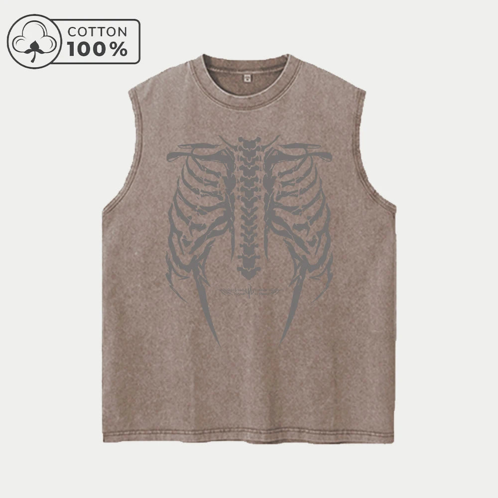 Men's Unique Chestbone Print Washed Vest Retro Pure Cotton Sleeveless Top Casual Loose Fitting Summer Fitness Commute Vest
