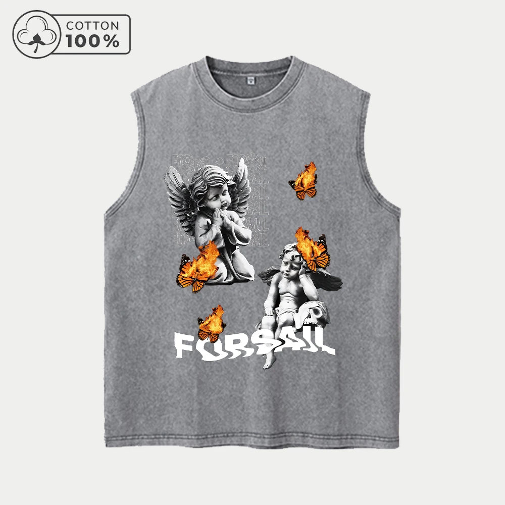 Men's Distressed Washed Vest Summer Casual Fashion Angel Print Pure Cotton Sleeveless T-Shirt Everyday Street Style Commute Top
