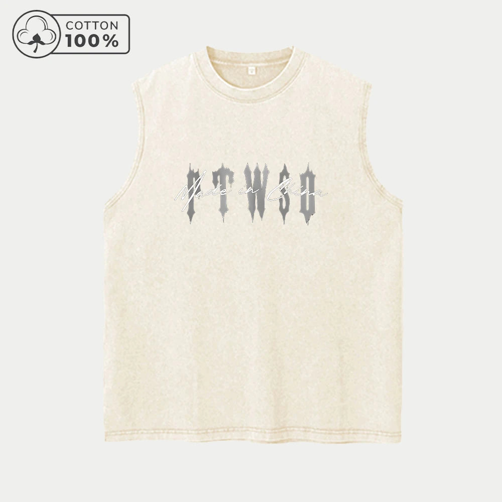 Men's Fashion Washed Vest With Twisted Text Print Pure Cotton Sleeveless Fitness T Shirt Loose Fit Casual Commuter Sports Top