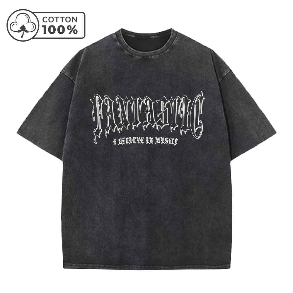 Men's Hollowed Out Letter Print Retro Washed T-Shirt Street Fashion Summer Trend Pure Cotton Short Sleeved Fitness Training Top