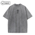 Men's Distressed Washed T-Shirt With Cross Print Retro Pure Cotton Short Sleeve Comfortable And Breathable Training Top
