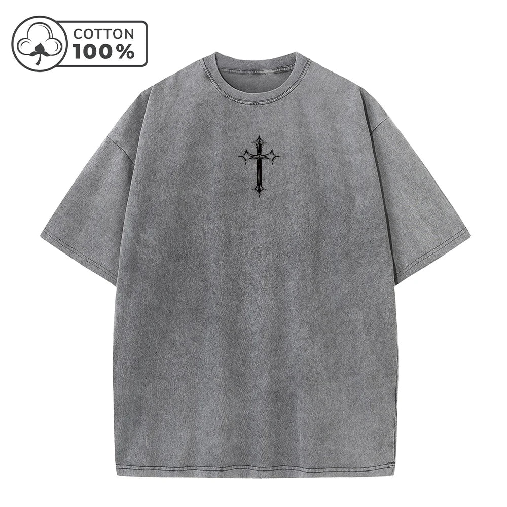 Men's Distressed Washed T-Shirt With Cross Print Retro Pure Cotton Short Sleeve Comfortable And Breathable Training Top