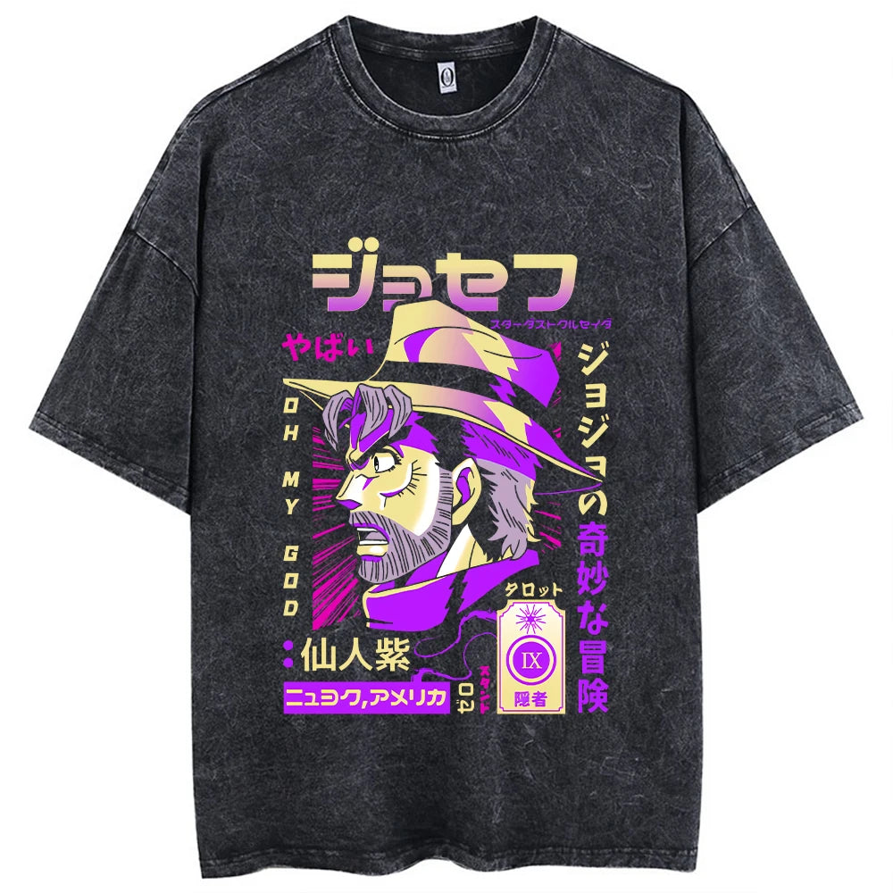 Y2k Washed T-shirts For Men Anime JoJo's Bizarre Adventure Short Tshirts Women Tops Graphic Printed TShirt Short Sleeve Unisex