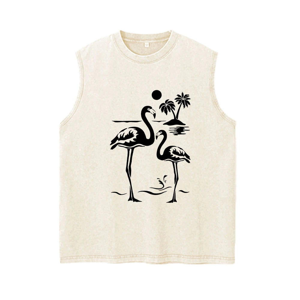 Men's Coconut Tree Print Washable Vest Summer Loose Casual Pure Cotton Short Sleeve Retro Street Style Machine Washable