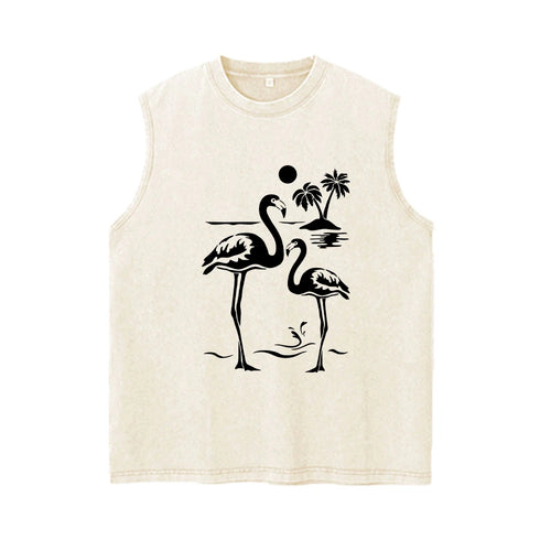 Men's Coconut Tree Print Washable Vest Summer Loose Casual Pure Cotton Short Sleeve Retro Street Style Machine Washable