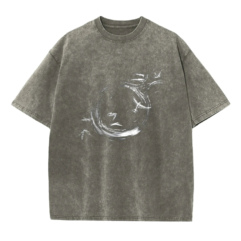 Summer Creative Print Washed T-Shirt Loose Casual Fashion Retro Street Style Short Sleeve Top For Everyday Commute Unisex
