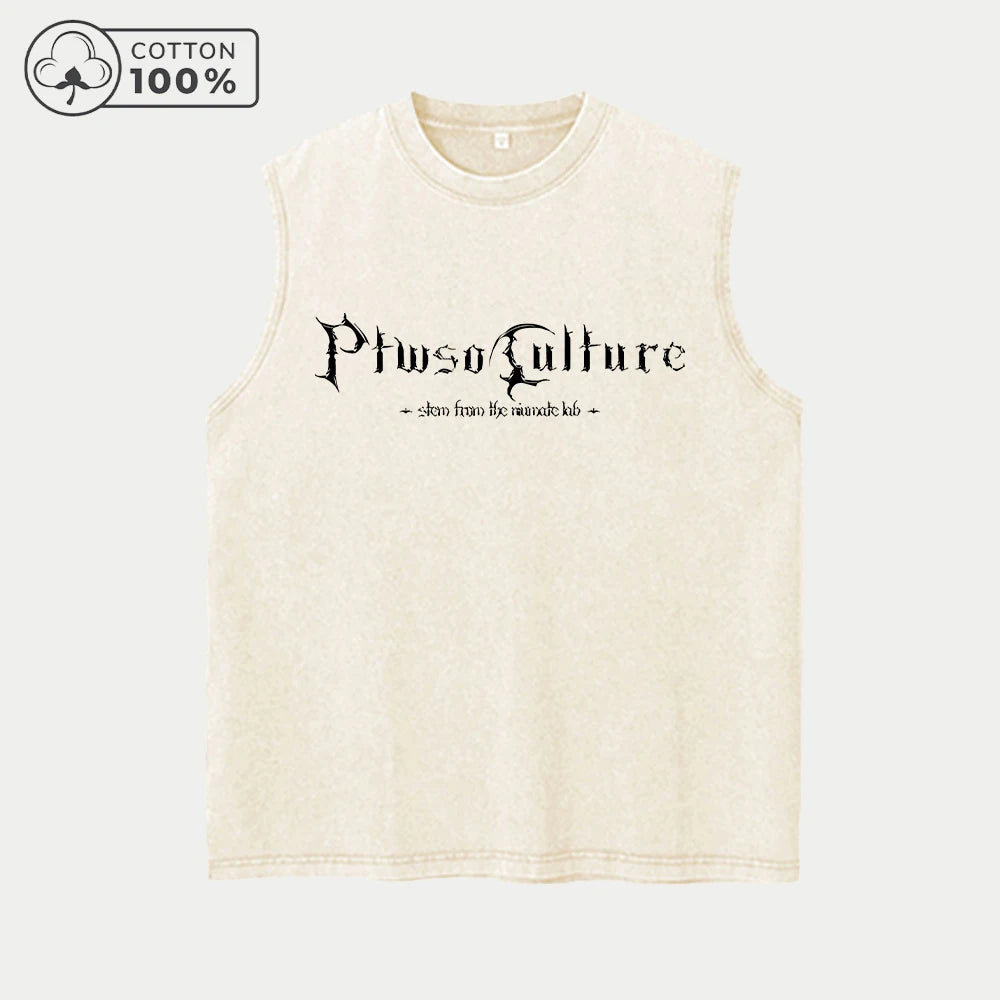Men's Pure Cotton Washed Sleeveless Vest Creative Gothic Letter Print Top Retro Distressed 2026 Street Style Breathable Vest