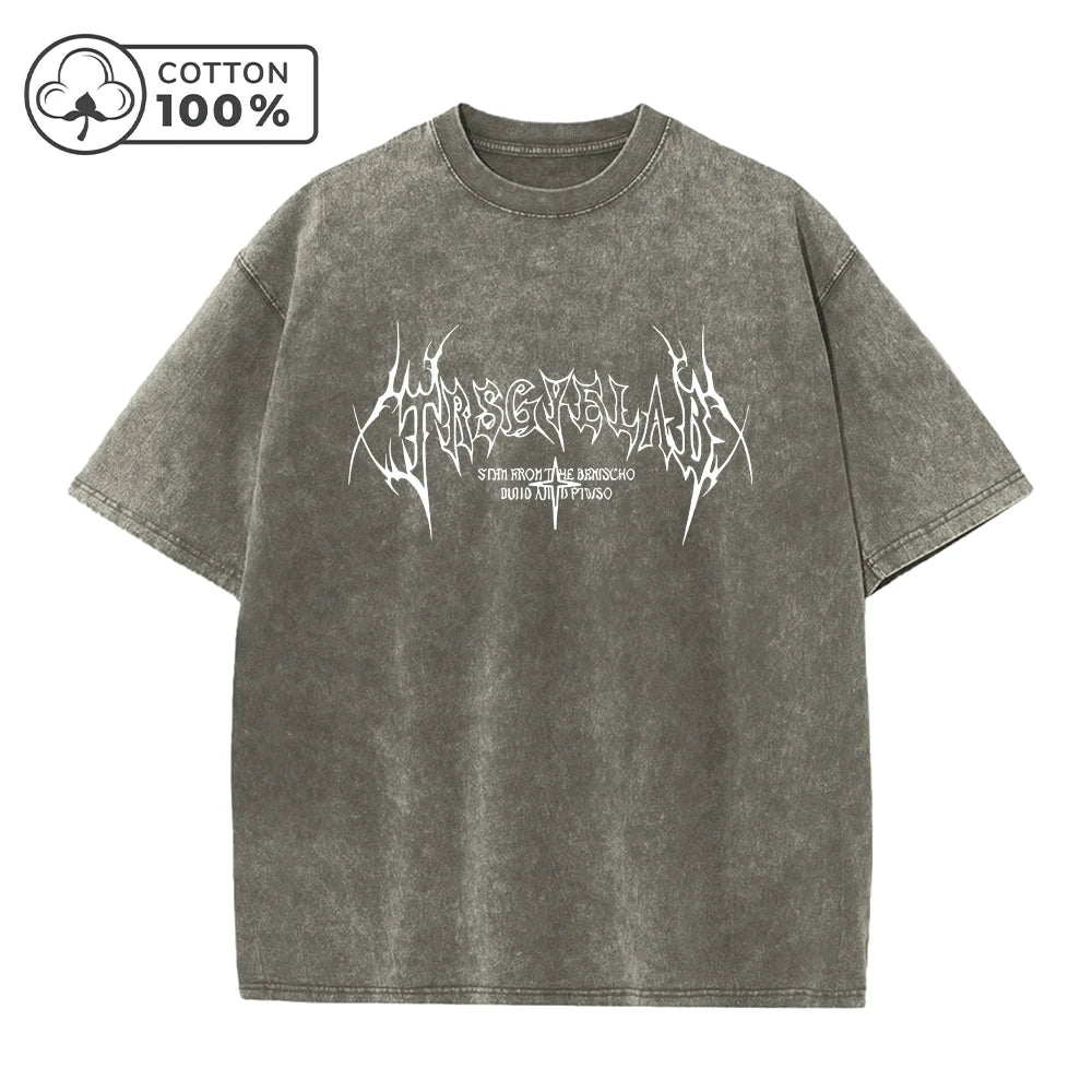 Men's Retro Distressed Washed T-Shirt Pure Cotton Loose Fit Casual Short Sleeve Dark Gothic Text Print Stylish Commuter Top