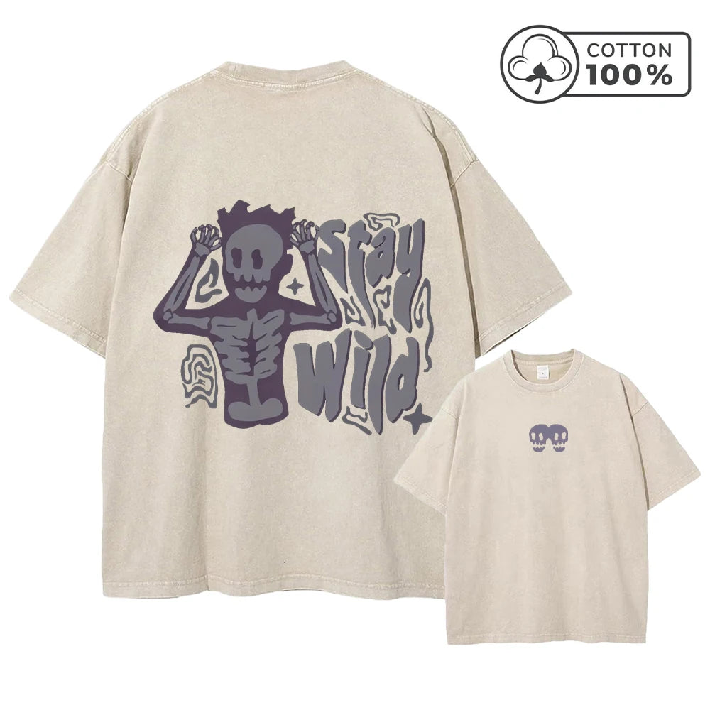 Men's Quirky Skull Print Retro Washed T-Shirt Summer Distressed Loose Casual Fashion Short Sleeved Fitness Commuter Top