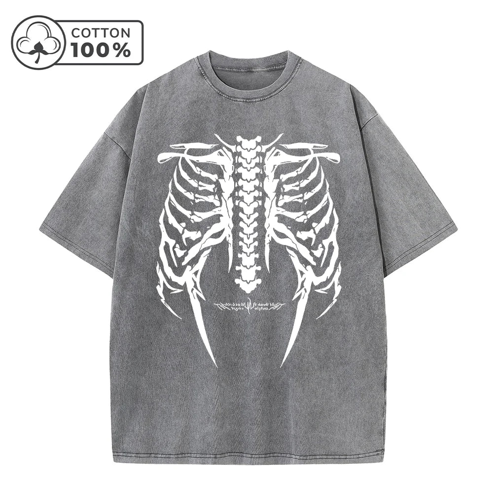 Men's Retro Dark Style Skull Print Washed T-Shirt Trendy Fashion Casual Pure Cotton Short Sleeve Outdoor Fitness Commuter Top
