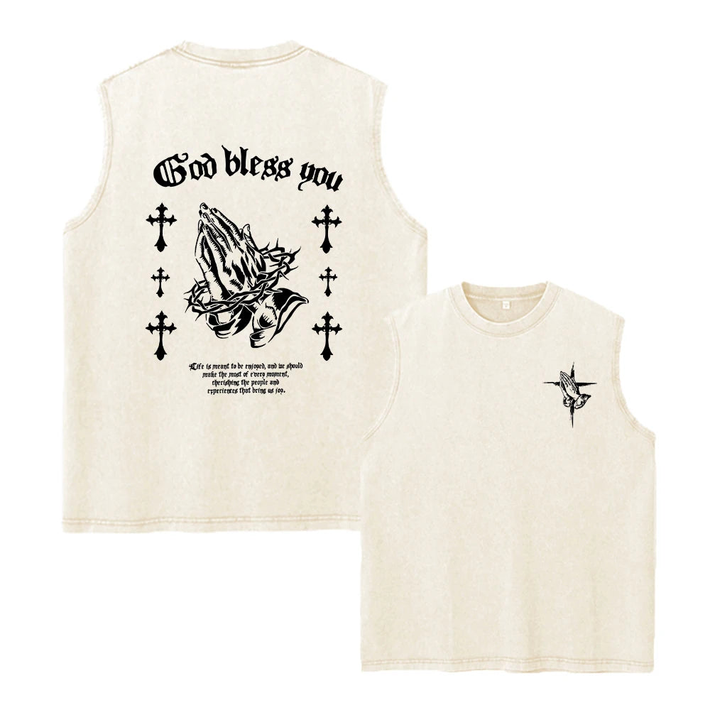 Summer Casual Printed Washed Vest Loose Fitting Casual Fashionable Retro Pure Cotton Sleeveless Vest Street Style Unisex
