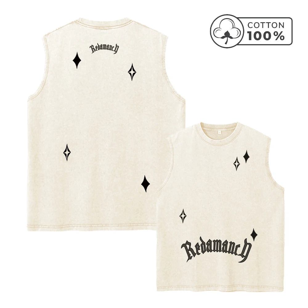 Men's Star And Letter Print Washed Vest Retro Street Style Loose Fitting Pure Cotton Sleeveless Top Summer Gym And Commute Vest