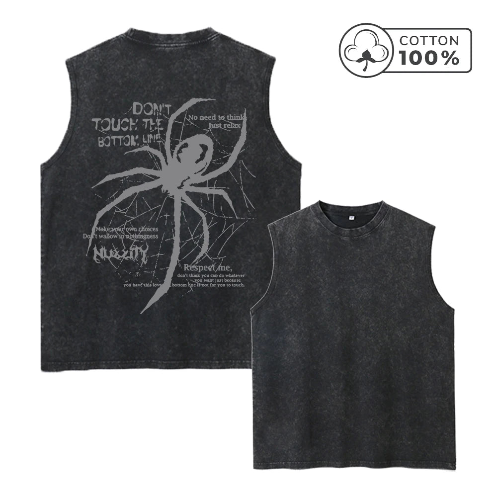 Men's Trendy Spider Print Washed Vest Loose Fit Casual Pure Cotton Fitness Commuter Retro Sleeveless Vest Summer Running Top