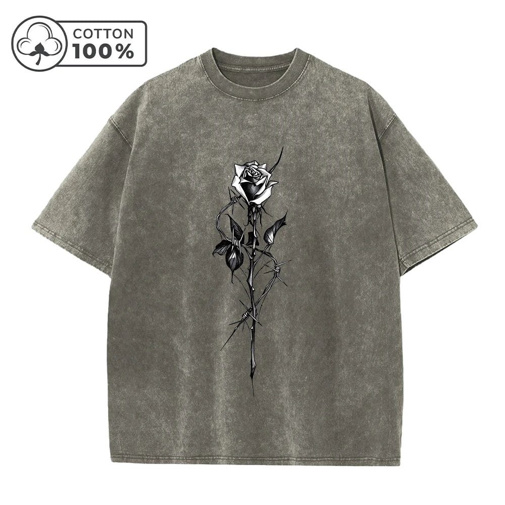 Men's Fashion Street Style Distressed Washed T-Shirt With Retro Rose Print Summer Casual Pure Cotton Breathable Short Sleeve Top