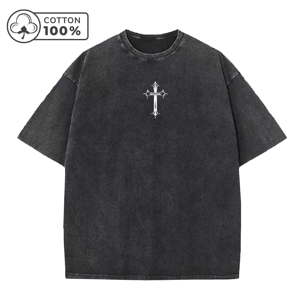 Men's Distressed Washed T-Shirt With Cross Print Retro Pure Cotton Short Sleeve Comfortable And Breathable Training Top