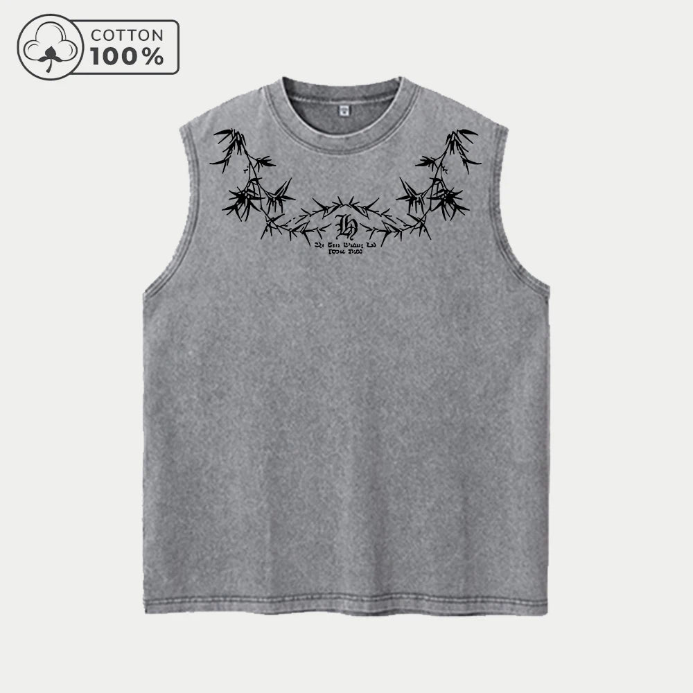 Men's Distressed Washed Vest Pure Cotton Breathable Sleeveless T-Shirt BACK ON MY Star Print Trendy Fashion Casual Fitness Top