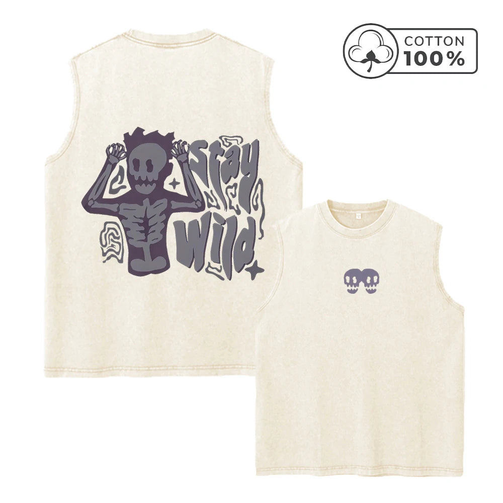 Men's Fun Skull Print Retro Washed Vest Suitable For Summer Fitness Training Daily Commute Casual And Stylish Pure Cotton Vest