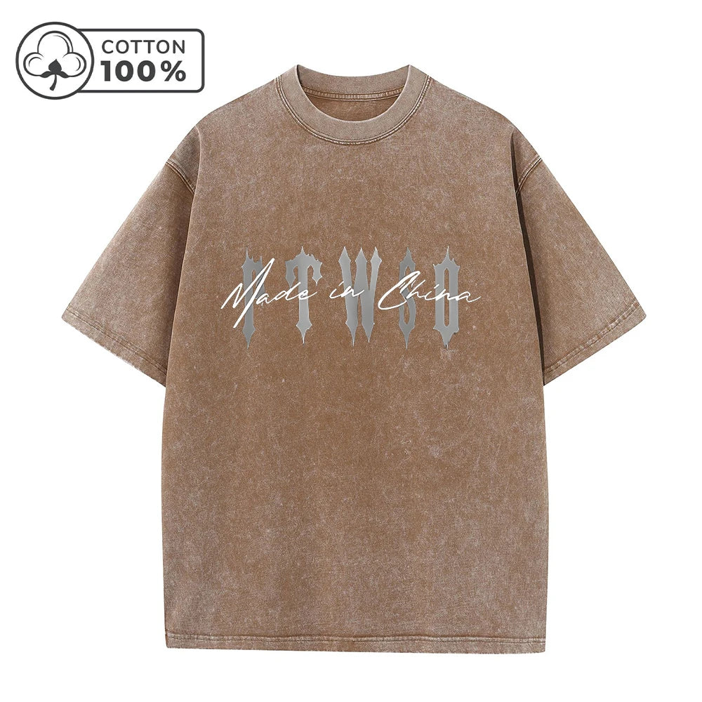 Men's Retro Washed T-Shirt Street Style Word Print Pure Cotton Short Sleeve Top Suitable For Daily Fitness Training And Commute