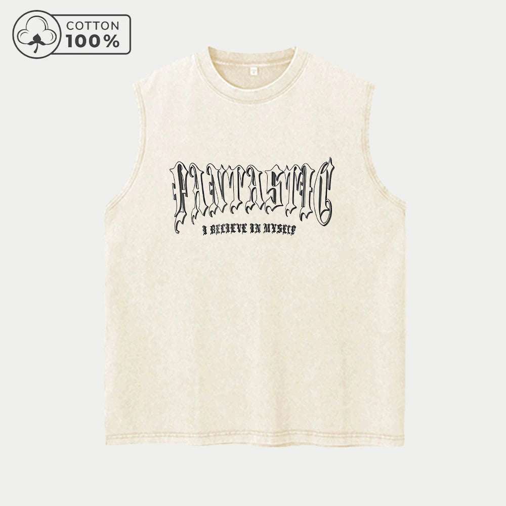 Men's Star And Letter Print Washed Vest Retro Street Style Loose Fitting Pure Cotton Sleeveless Top Summer Gym And Commute Vest