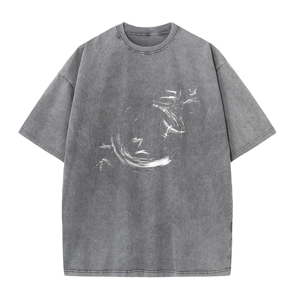 Summer Creative Print Washed T-Shirt Loose Casual Fashion Retro Street Style Short Sleeve Top For Everyday Commute Unisex