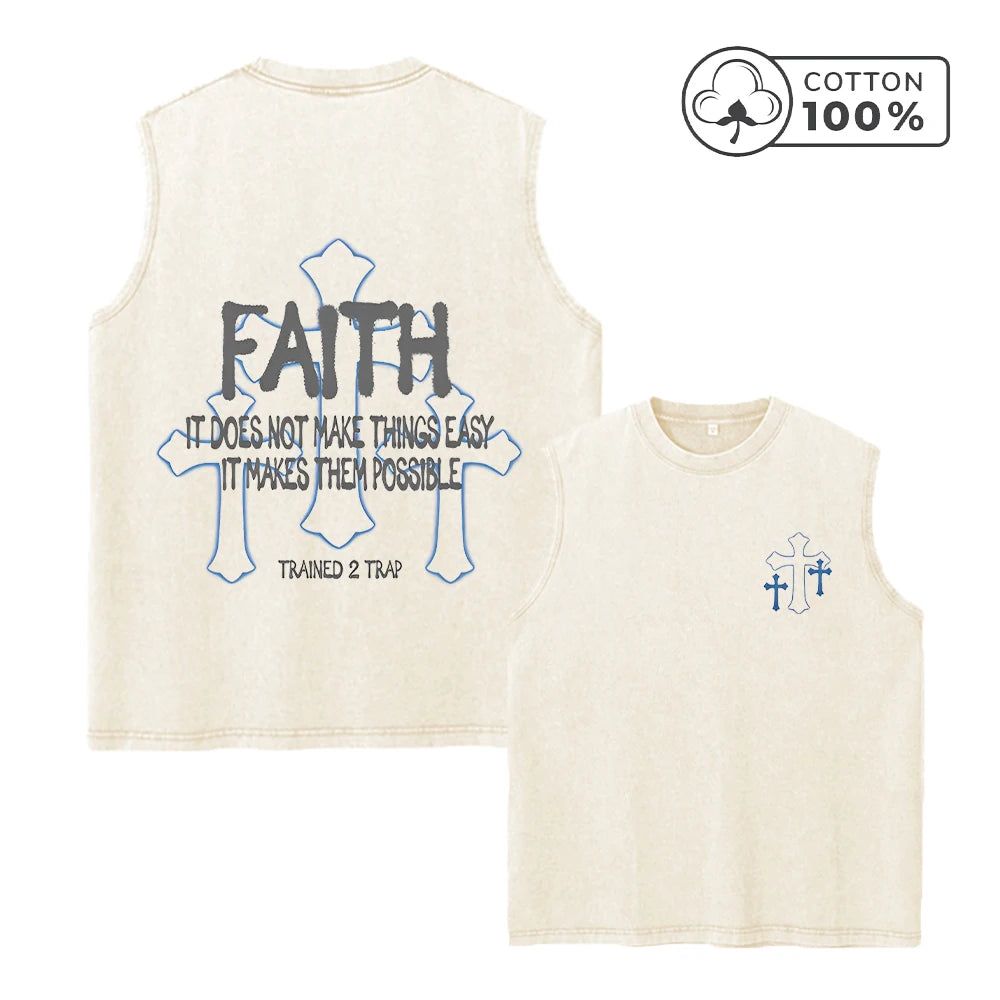 Men's Trendy Cross Print Retro Washed Vest Summer Fitness Everyday Commute Top Casual And Stylish Street Style Pure Cotton Vest