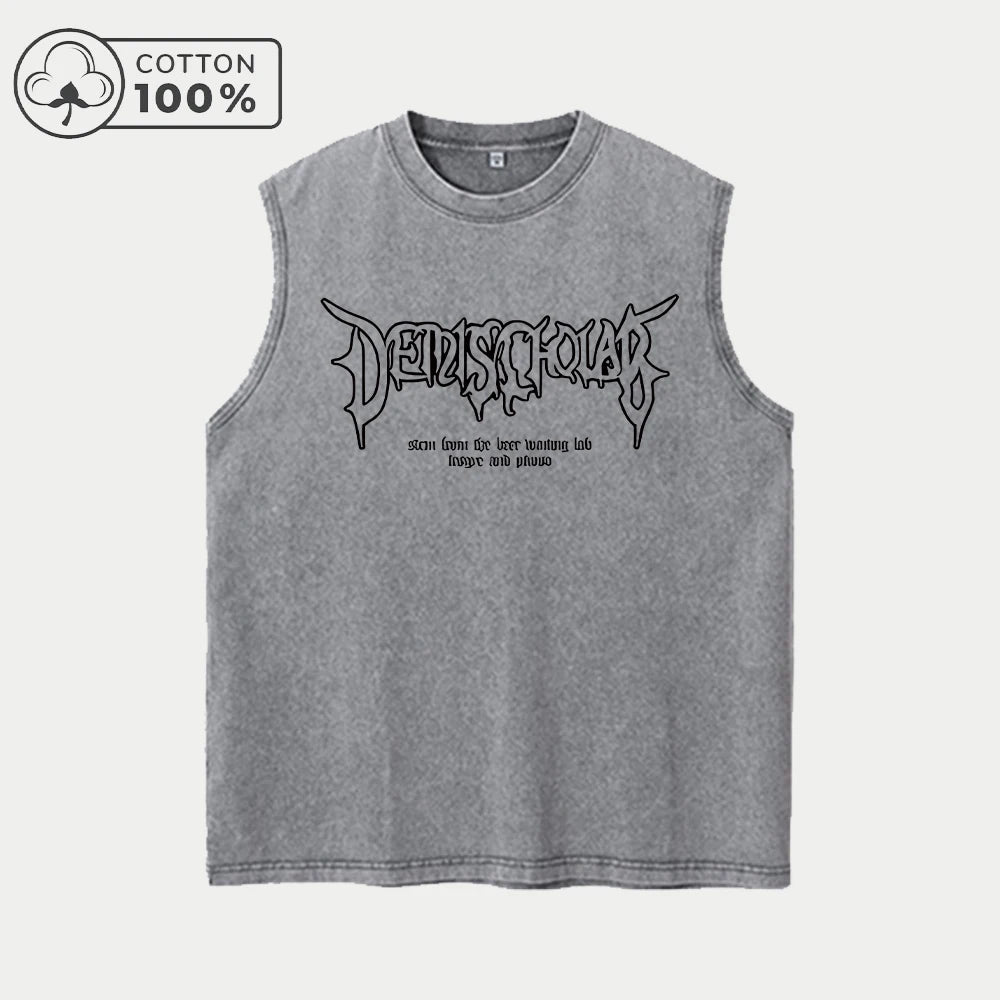 Men's Hollowed Out Text Print Washed Vest Retro Casual Pure Cotton Sleeveless Vest Summer Daliy Street Style Commute Loose Top