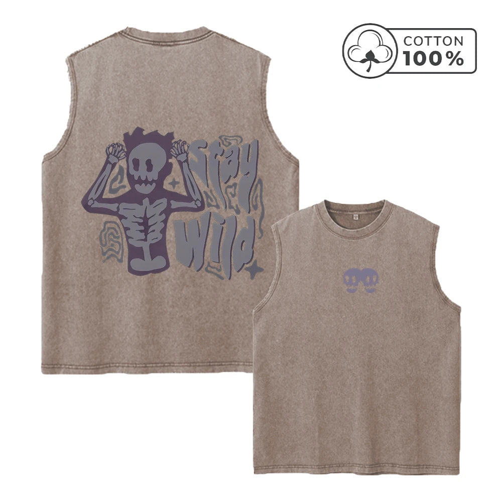 Men's Fun Skull Print Retro Washed Vest Suitable For Summer Fitness Training Daily Commute Casual And Stylish Pure Cotton Vest
