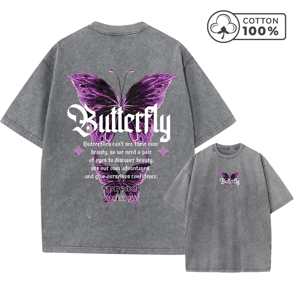 Men's Street Style Butterfly Print Washed T-Shirt Summer Distressed Loose Casual Fashion Short Sleeved Gym And Commuter Top