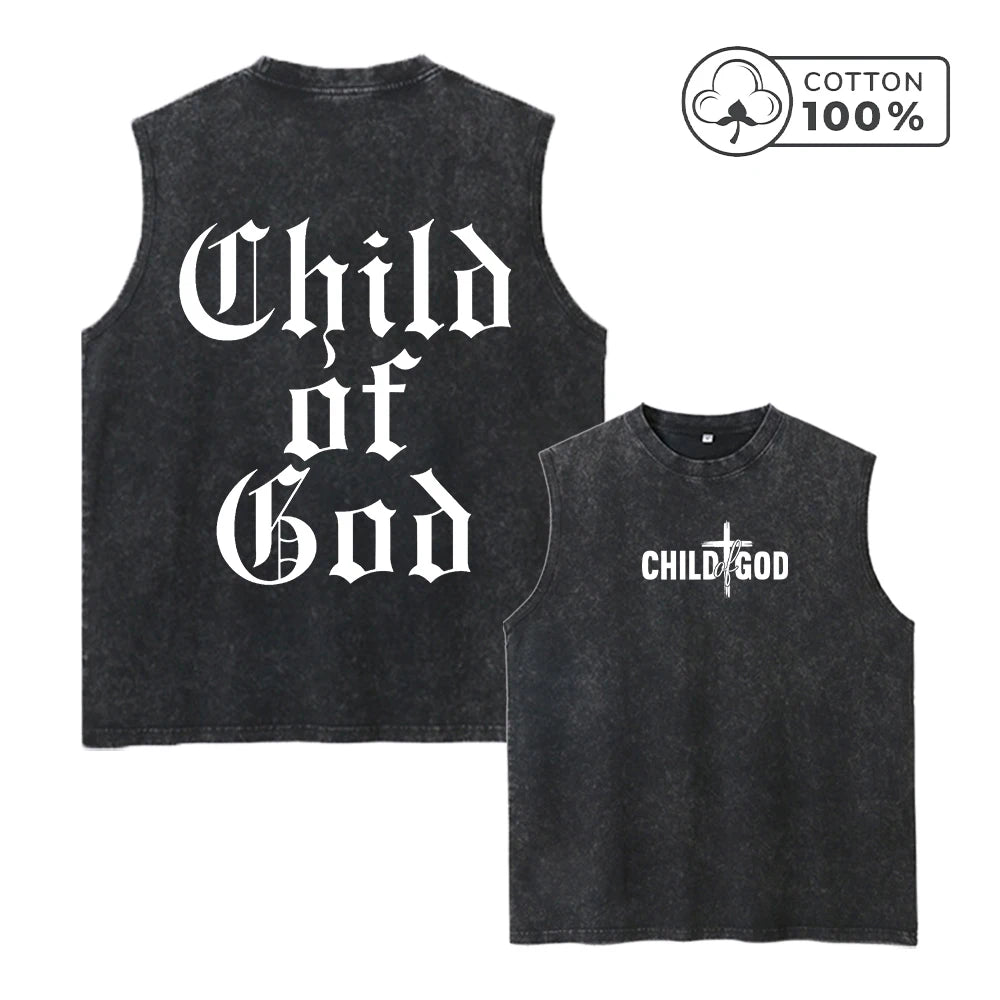Men's Retro Washed Vest Gothic Style Child Of God Print Pure Cotton Casual Sleeveless T-Shirt Distressed Street Style Top