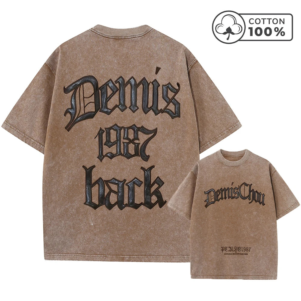 Men's Retro Casual Washed T-Shirt Summer Fashion Word Print Pure Cotton Crew Neck Short Sleeve Street Gym Commuter Top