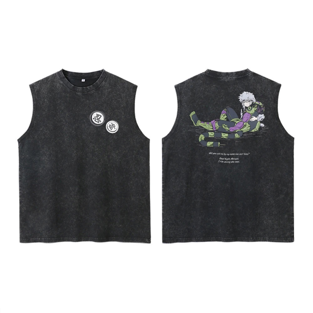 Anime Hunter X Hunter Acid Vest Retro Vintage Printed Washed Graphic Vest Men Harajuku Y2k Cotton Casual Tshirt Tops Unisex