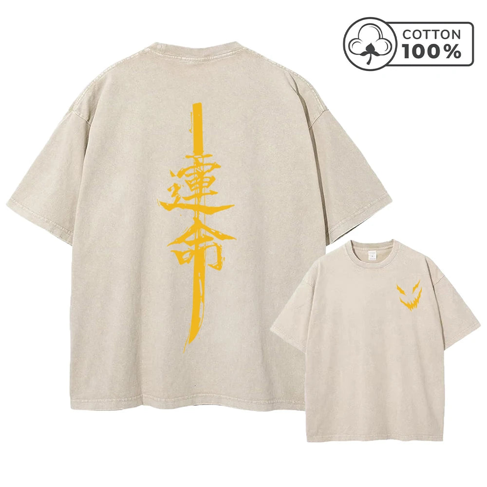 Men's Retro Washed T-Shirt With Evil Smiley Face And Knife Print Casual Pure Cotton Short Sleeved Street Style Commuter Top